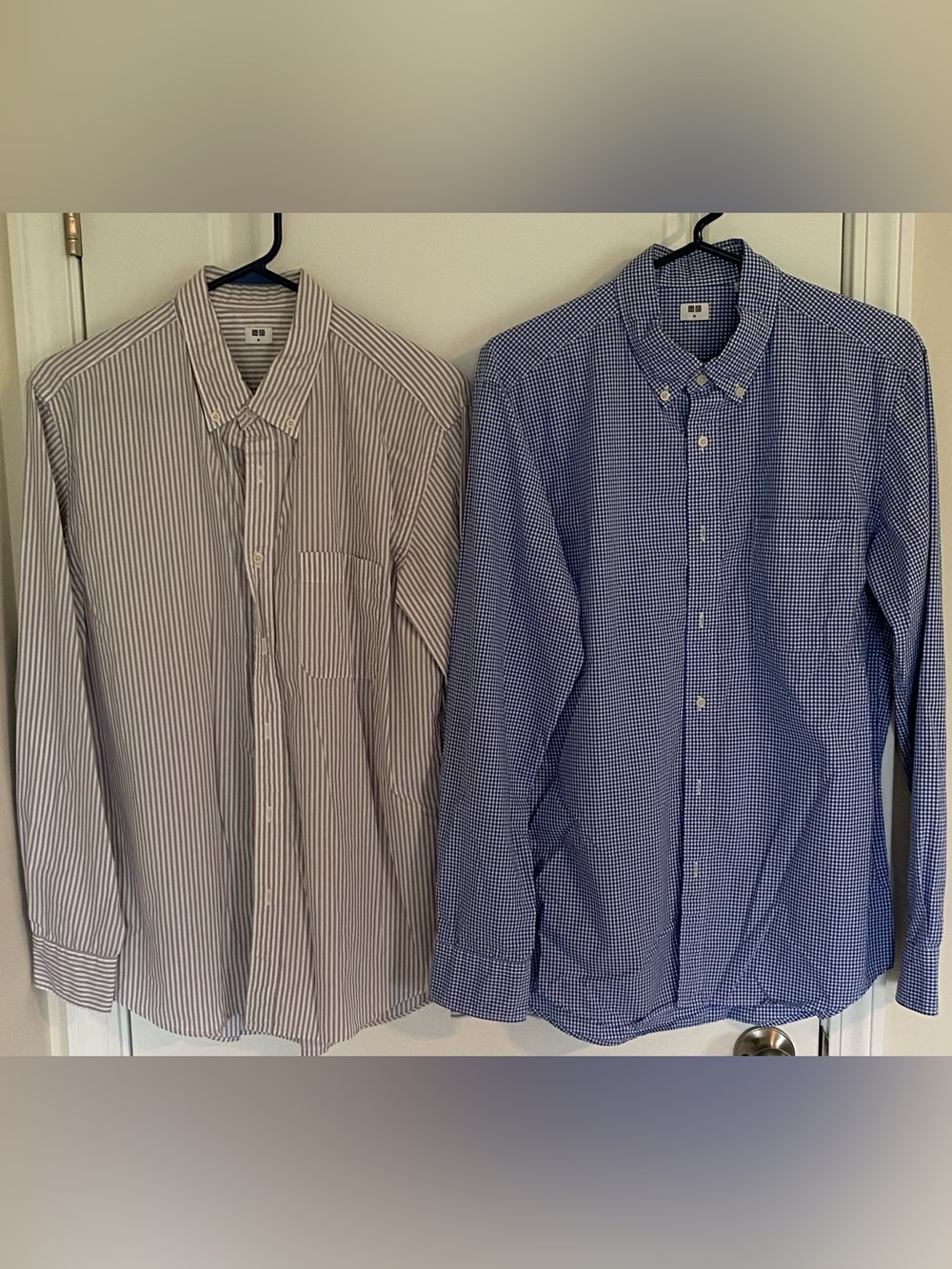 Uniqlo Cotton Classic Button Down Shirts Bundle Blue Checked Grey Striped Medium